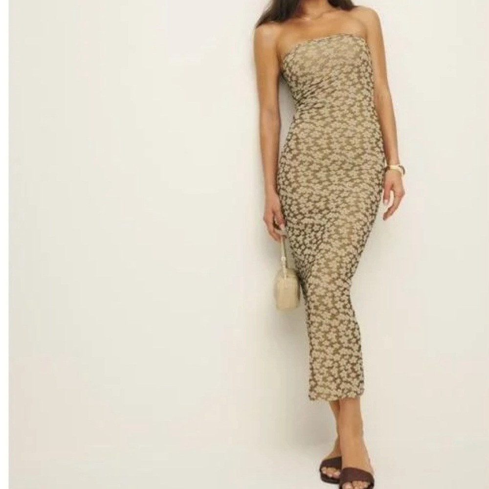 Reformation Strapless Floral Midi Dress - Beige and Black